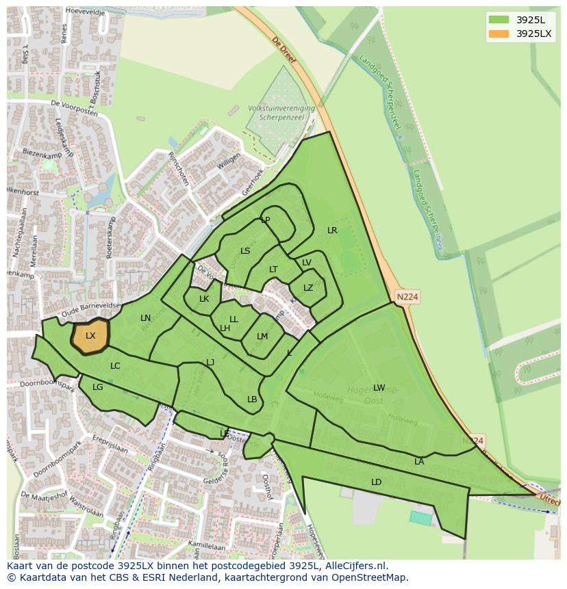 Afbeelding van het postcodegebied 3925 LX op de kaart.