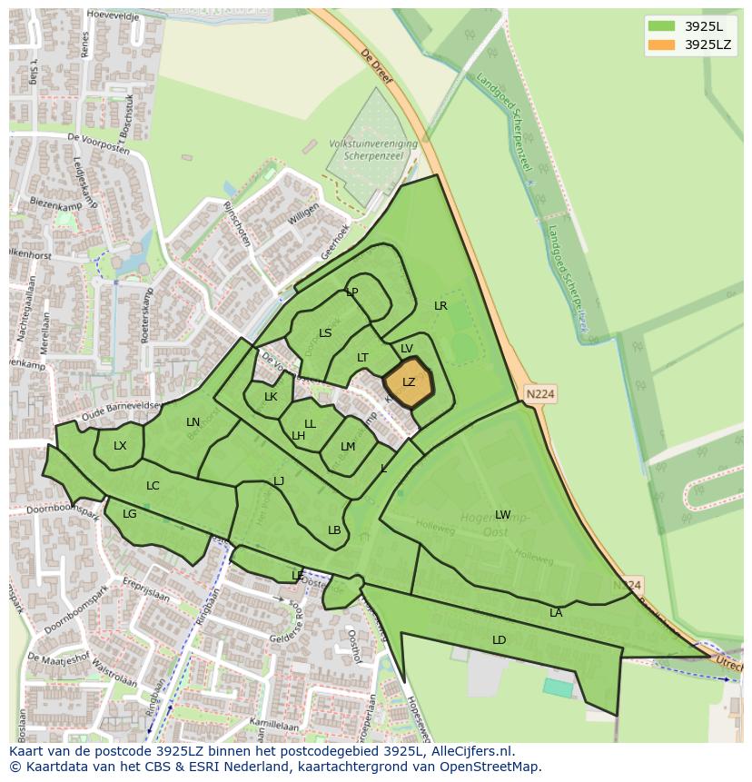 Afbeelding van het postcodegebied 3925 LZ op de kaart.