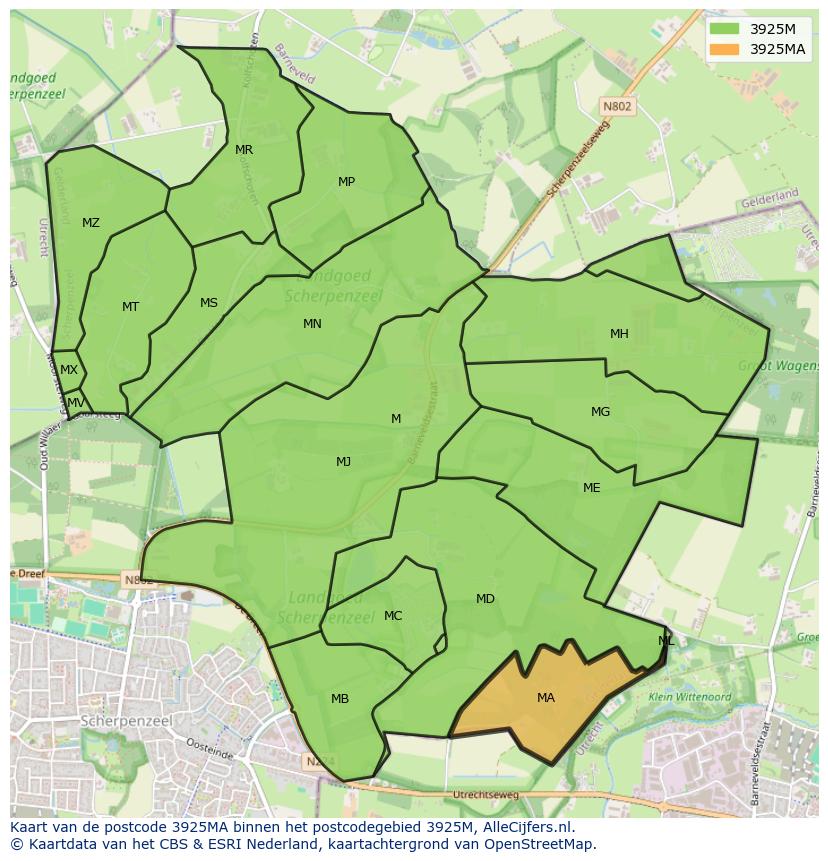 Afbeelding van het postcodegebied 3925 MA op de kaart.