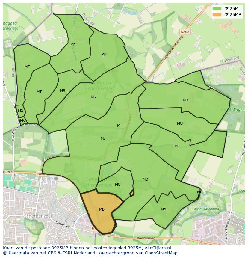Afbeelding van het postcodegebied 3925 MB op de kaart.