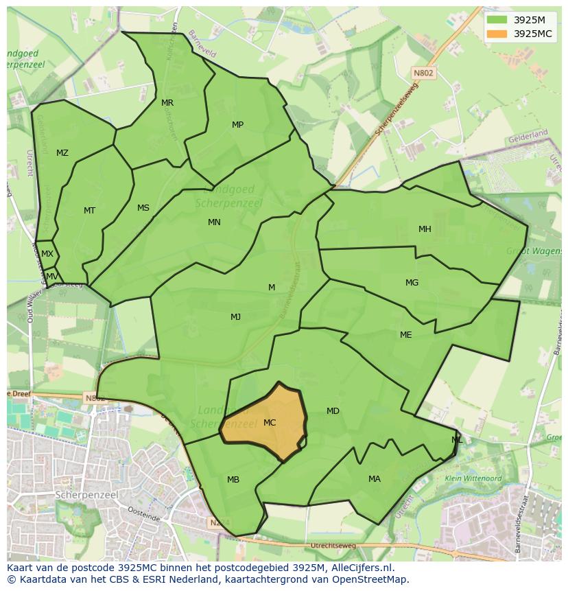 Afbeelding van het postcodegebied 3925 MC op de kaart.