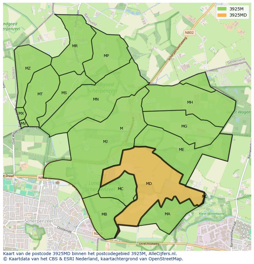 Afbeelding van het postcodegebied 3925 MD op de kaart.