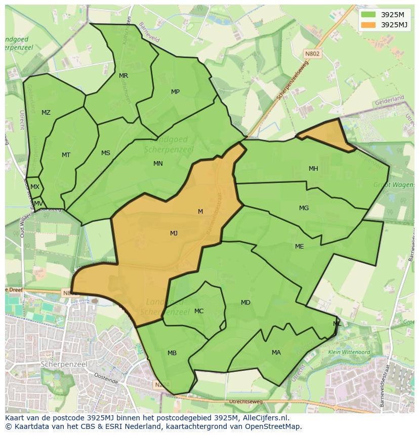 Afbeelding van het postcodegebied 3925 MJ op de kaart.