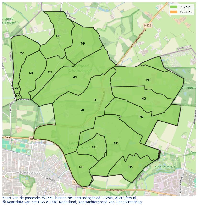 Afbeelding van het postcodegebied 3925 ML op de kaart.