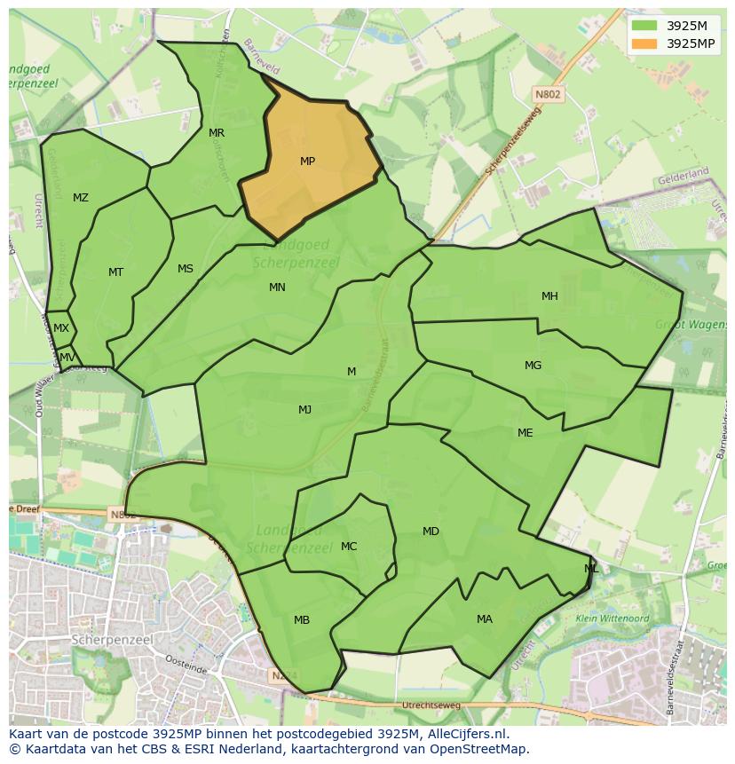 Afbeelding van het postcodegebied 3925 MP op de kaart.