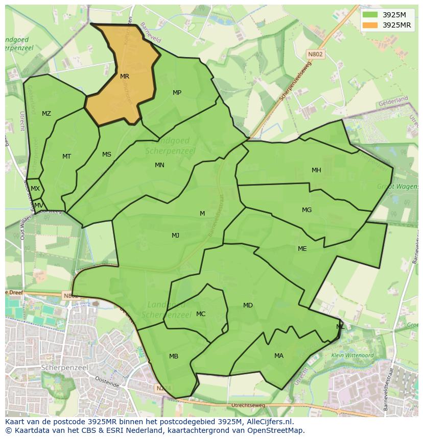 Afbeelding van het postcodegebied 3925 MR op de kaart.