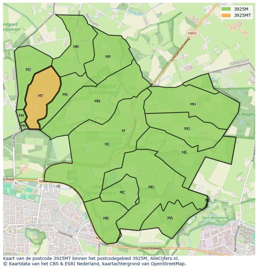 Afbeelding van het postcodegebied 3925 MT op de kaart.