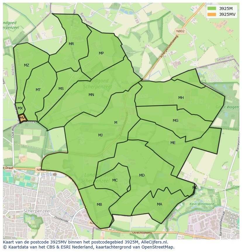 Afbeelding van het postcodegebied 3925 MV op de kaart.