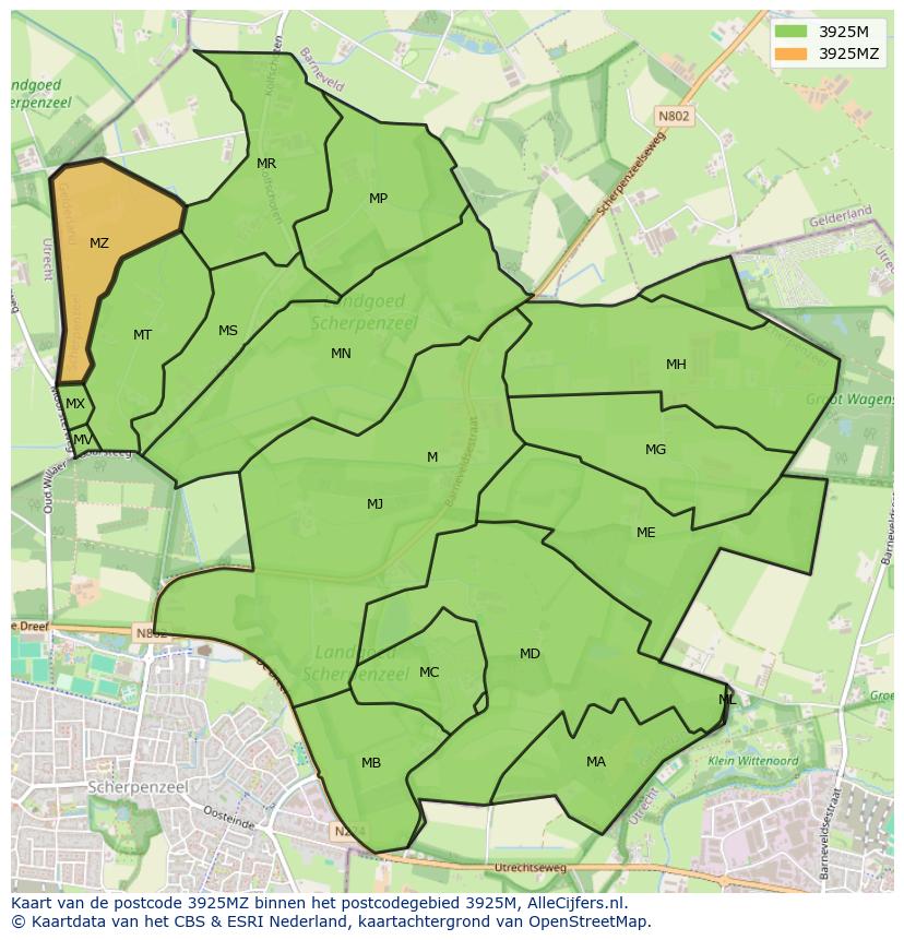 Afbeelding van het postcodegebied 3925 MZ op de kaart.