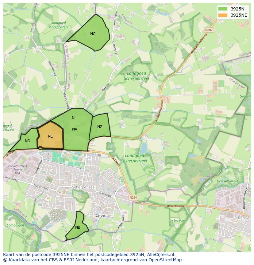 Afbeelding van het postcodegebied 3925 NE op de kaart.