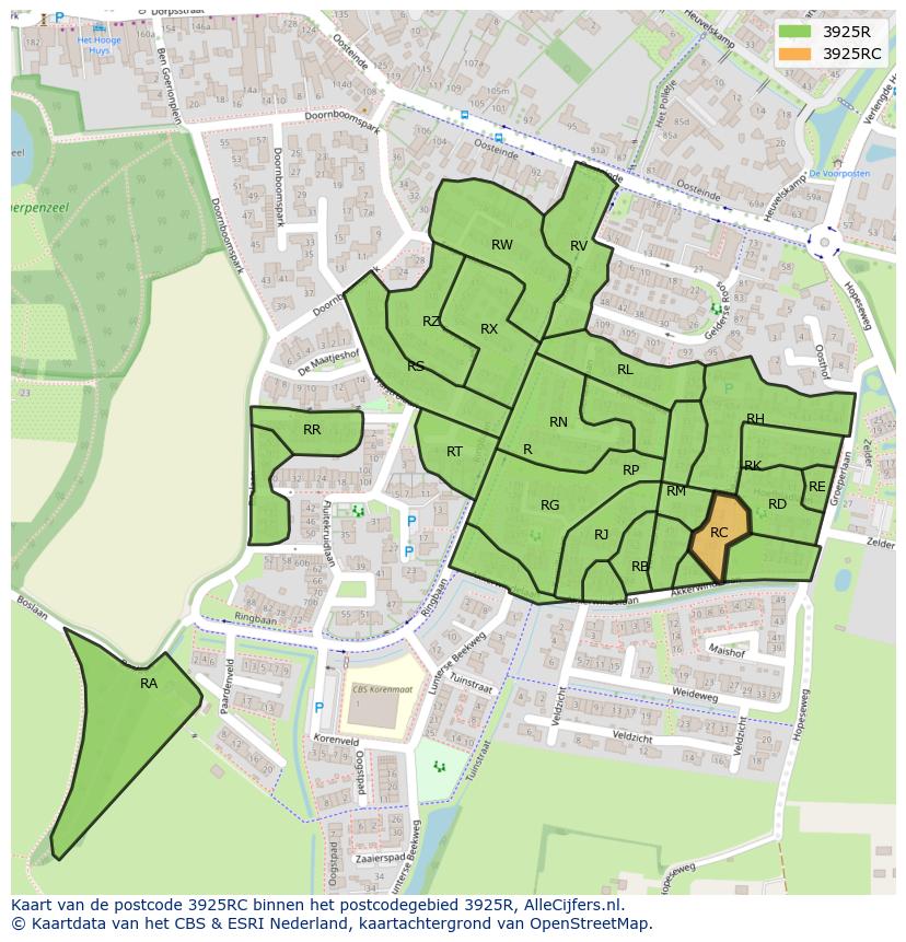 Afbeelding van het postcodegebied 3925 RC op de kaart.