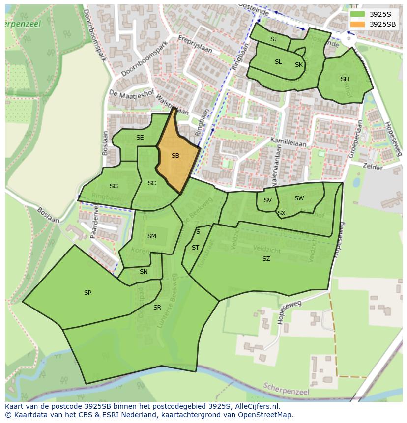 Afbeelding van het postcodegebied 3925 SB op de kaart.