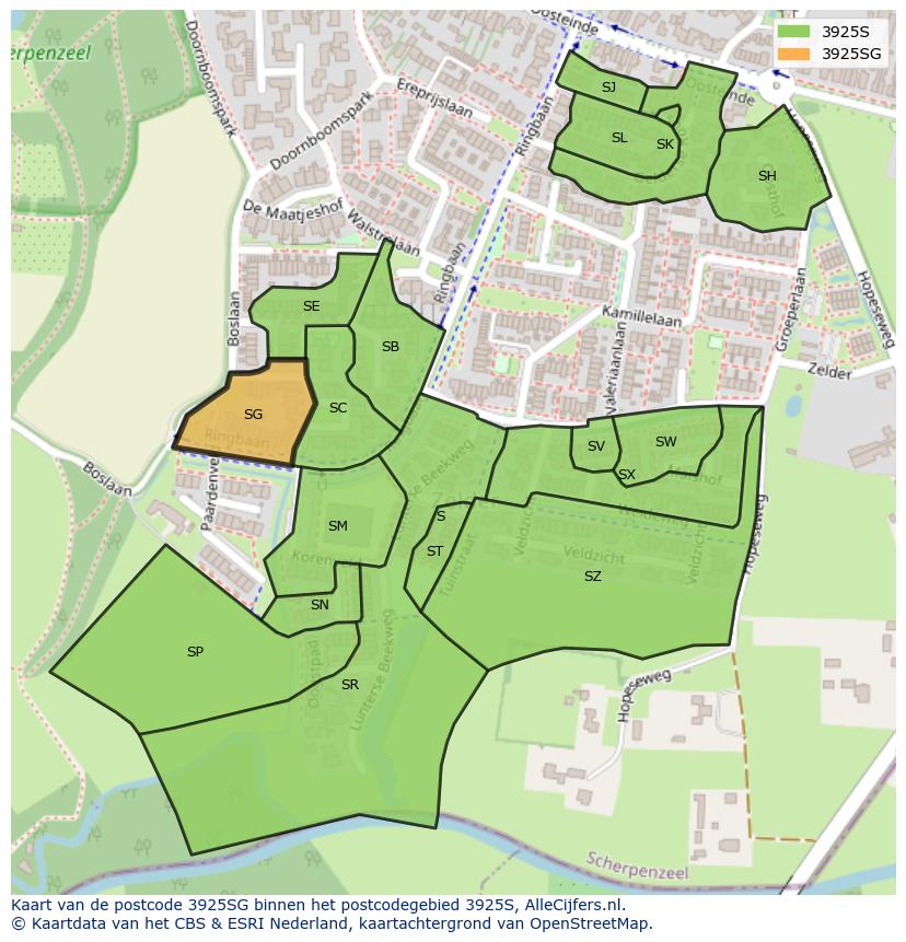 Afbeelding van het postcodegebied 3925 SG op de kaart.