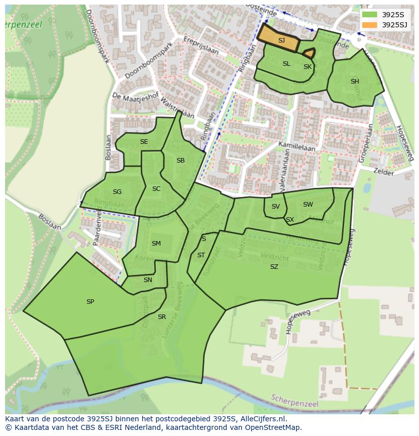 Afbeelding van het postcodegebied 3925 SJ op de kaart.