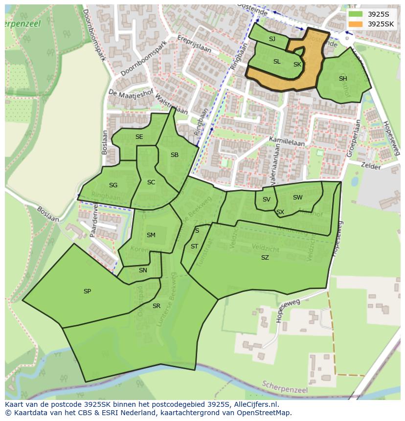 Afbeelding van het postcodegebied 3925 SK op de kaart.