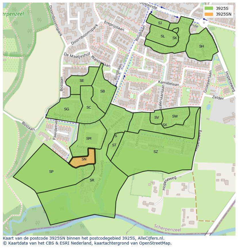 Afbeelding van het postcodegebied 3925 SN op de kaart.