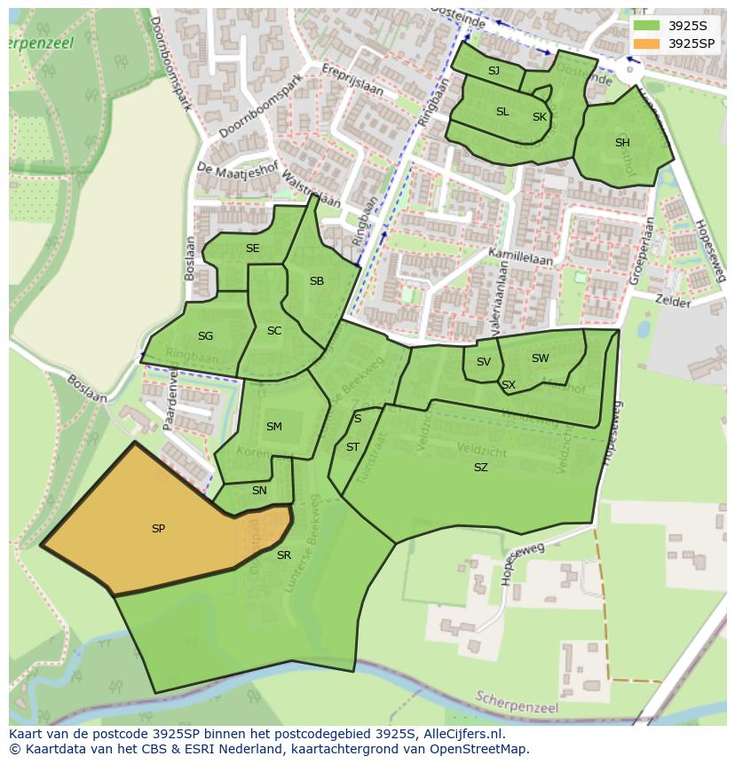 Afbeelding van het postcodegebied 3925 SP op de kaart.