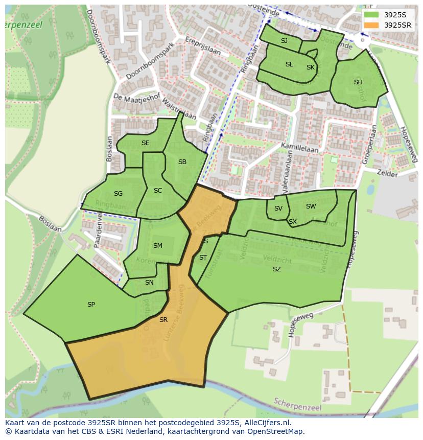 Afbeelding van het postcodegebied 3925 SR op de kaart.