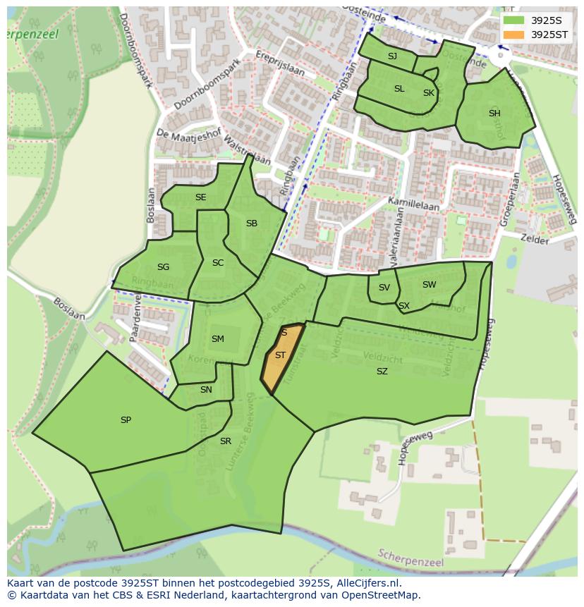 Afbeelding van het postcodegebied 3925 ST op de kaart.