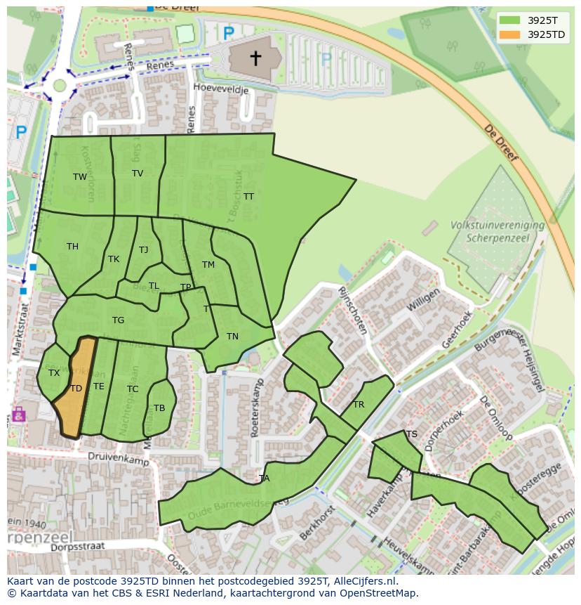 Afbeelding van het postcodegebied 3925 TD op de kaart.