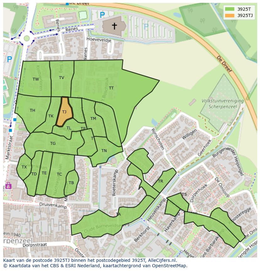 Afbeelding van het postcodegebied 3925 TJ op de kaart.