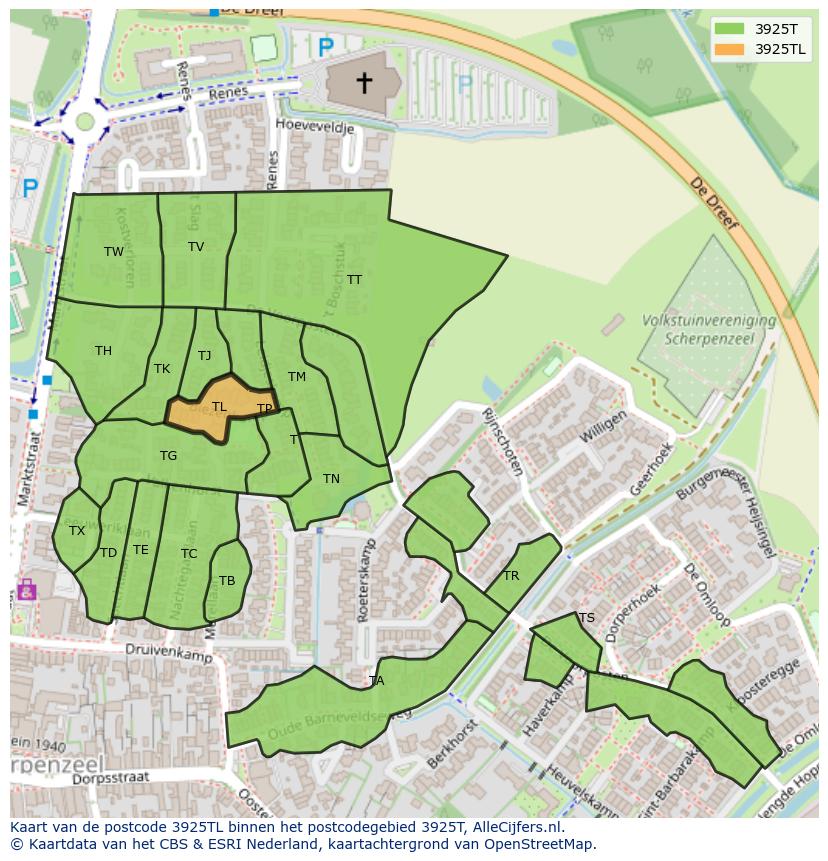 Afbeelding van het postcodegebied 3925 TL op de kaart.