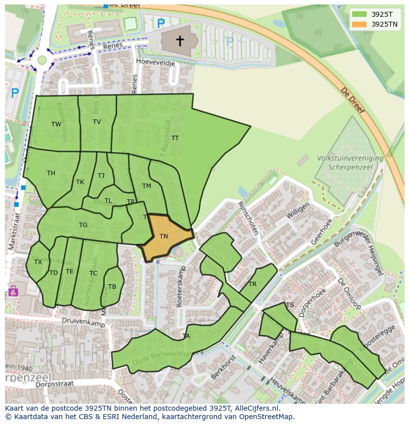 Afbeelding van het postcodegebied 3925 TN op de kaart.