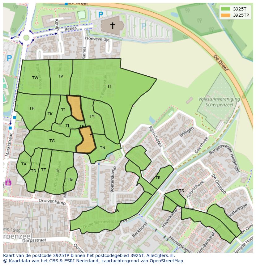 Afbeelding van het postcodegebied 3925 TP op de kaart.