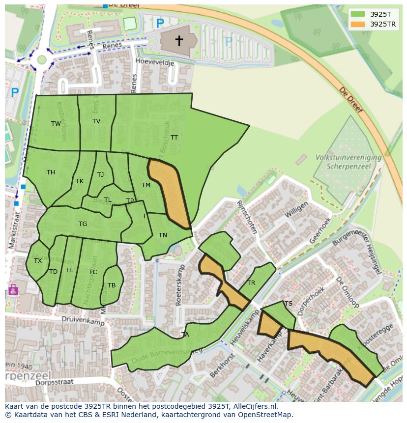Afbeelding van het postcodegebied 3925 TR op de kaart.