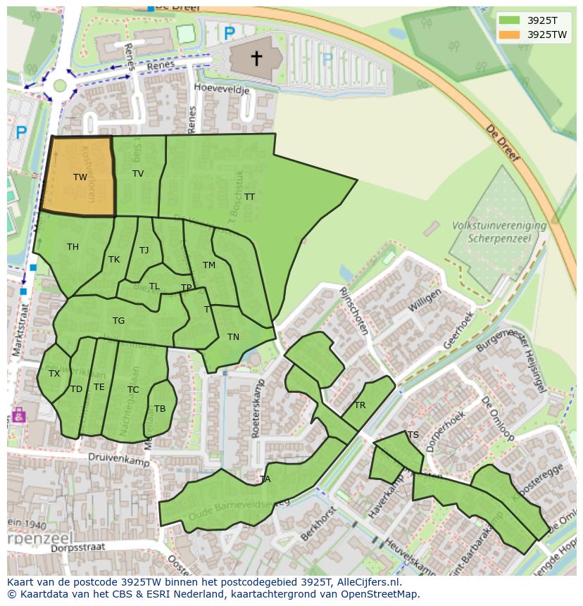 Afbeelding van het postcodegebied 3925 TW op de kaart.