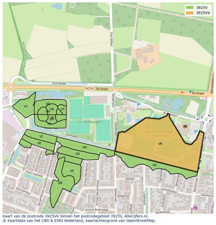Afbeelding van het postcodegebied 3925 VK op de kaart.