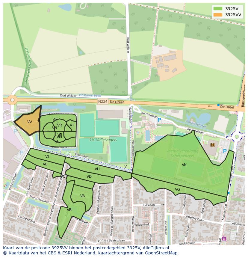 Afbeelding van het postcodegebied 3925 VV op de kaart.