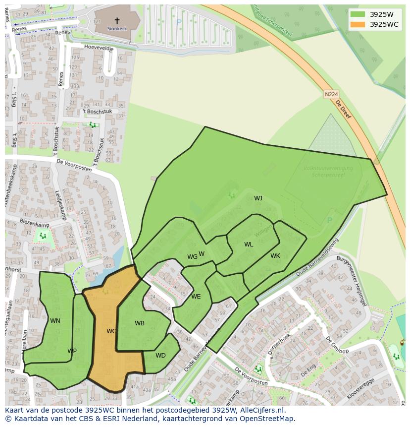 Afbeelding van het postcodegebied 3925 WC op de kaart.