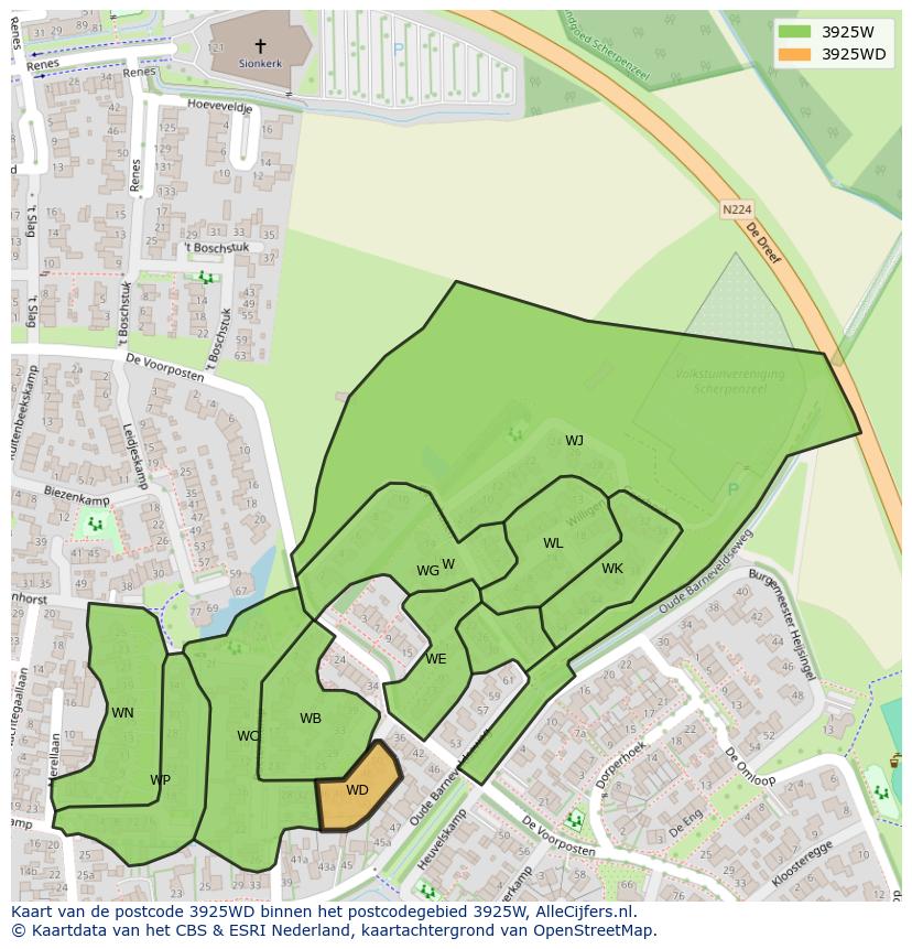 Afbeelding van het postcodegebied 3925 WD op de kaart.
