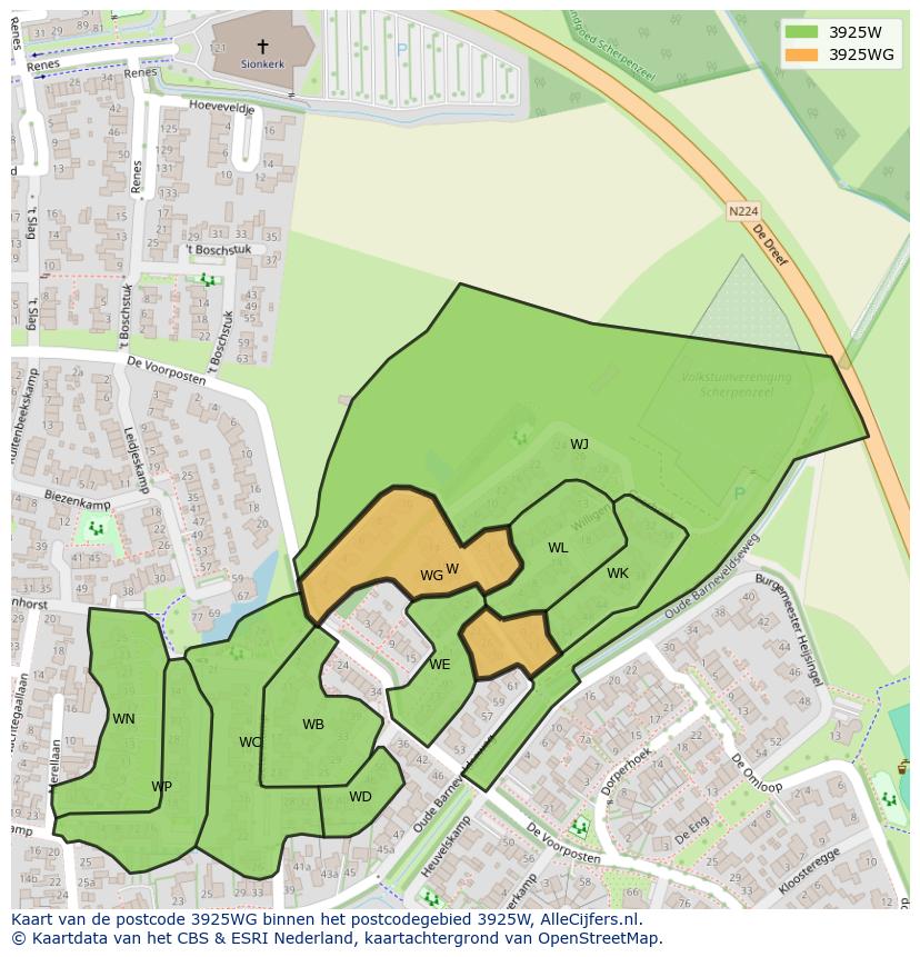 Afbeelding van het postcodegebied 3925 WG op de kaart.