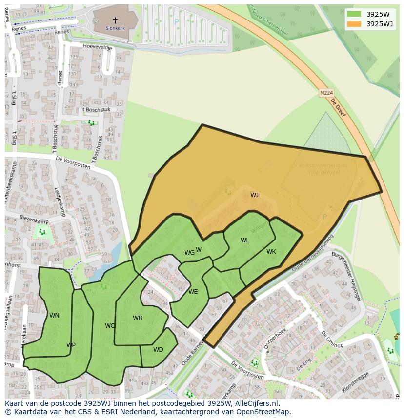 Afbeelding van het postcodegebied 3925 WJ op de kaart.