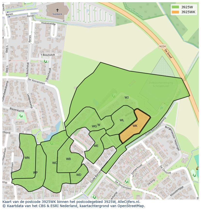 Afbeelding van het postcodegebied 3925 WK op de kaart.