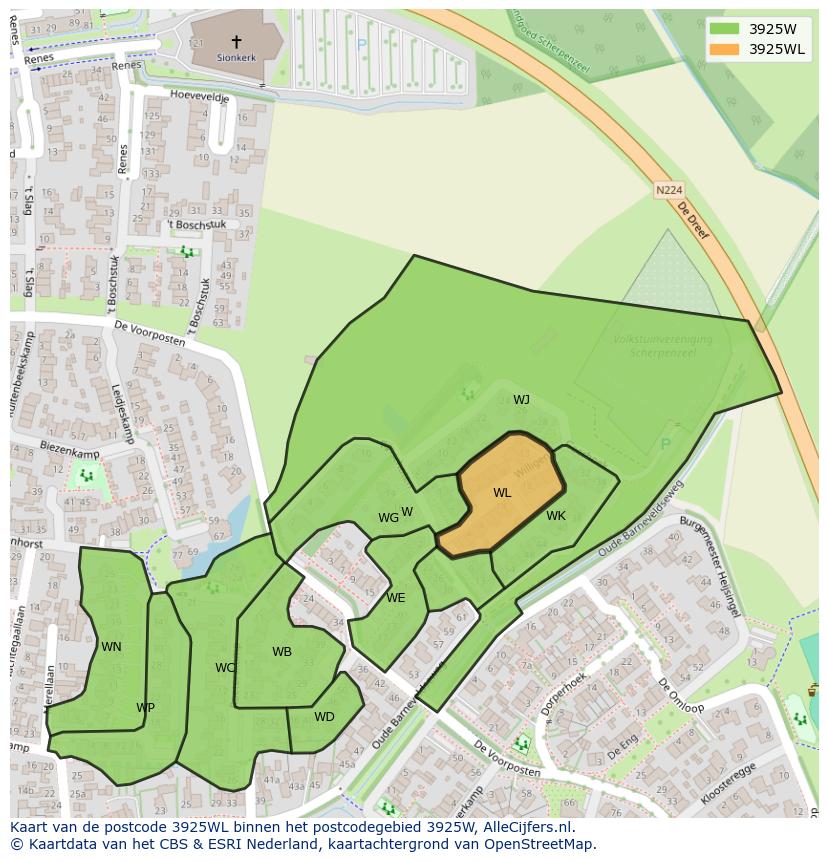 Afbeelding van het postcodegebied 3925 WL op de kaart.