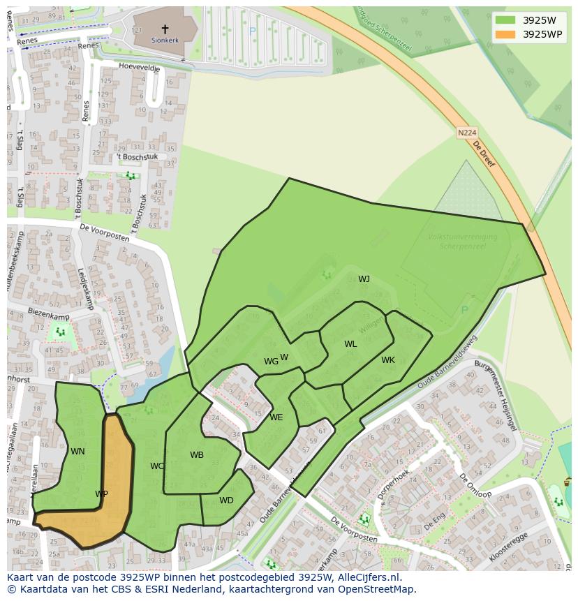 Afbeelding van het postcodegebied 3925 WP op de kaart.