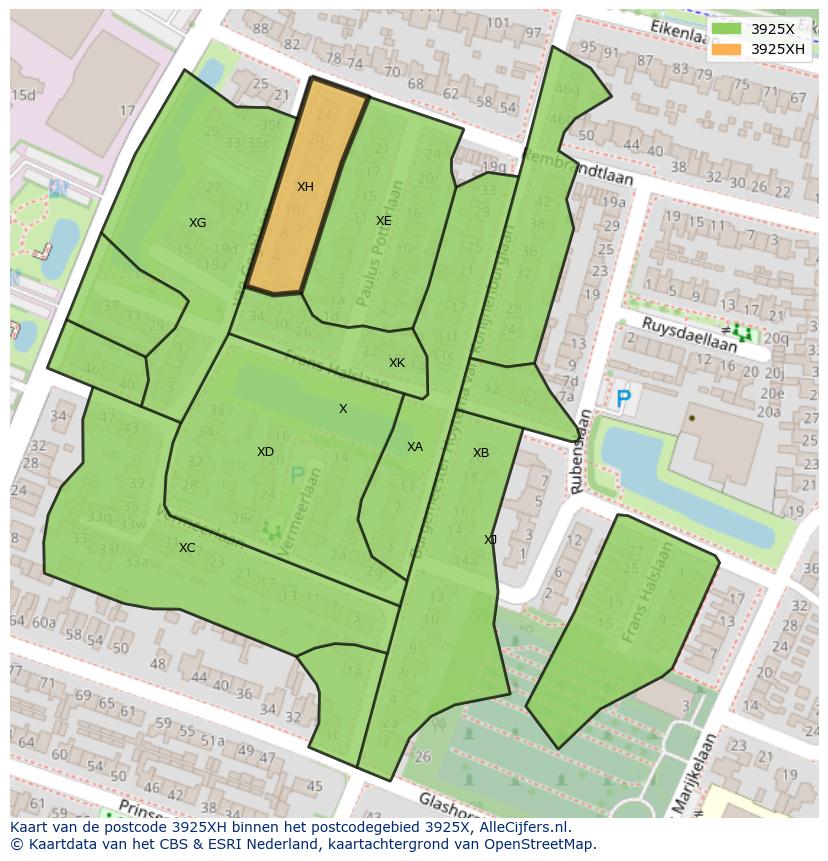 Afbeelding van het postcodegebied 3925 XH op de kaart.