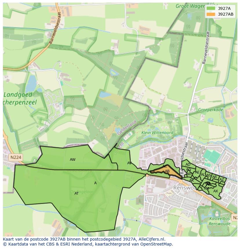 Afbeelding van het postcodegebied 3927 AB op de kaart.