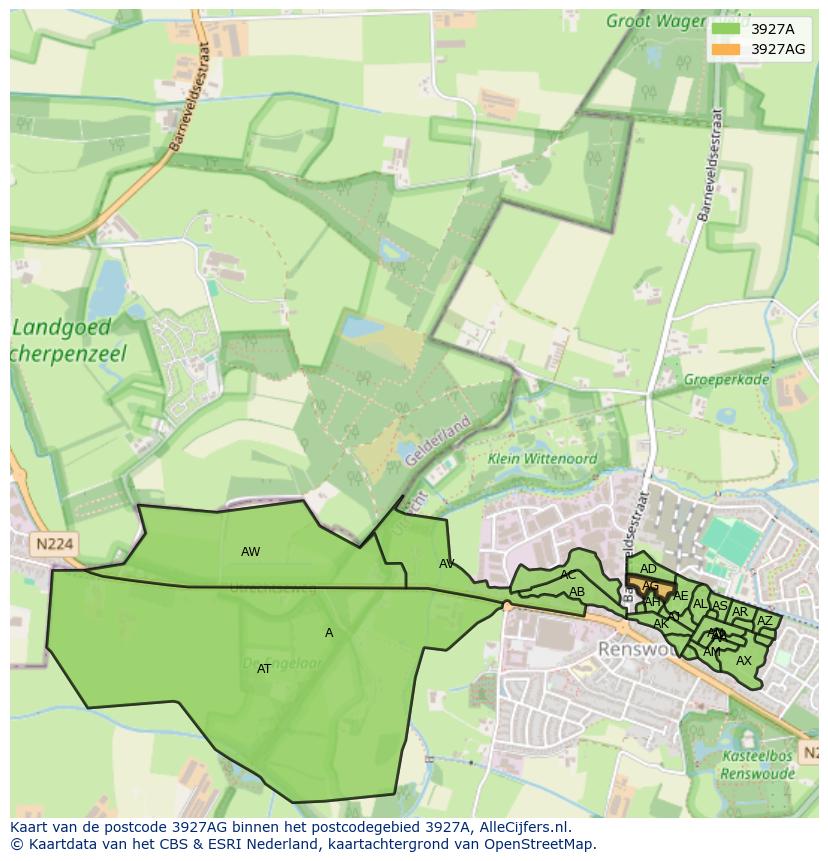 Afbeelding van het postcodegebied 3927 AG op de kaart.