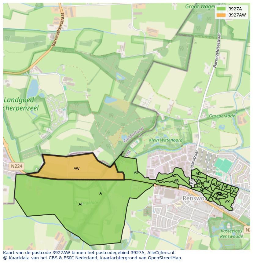 Afbeelding van het postcodegebied 3927 AW op de kaart.