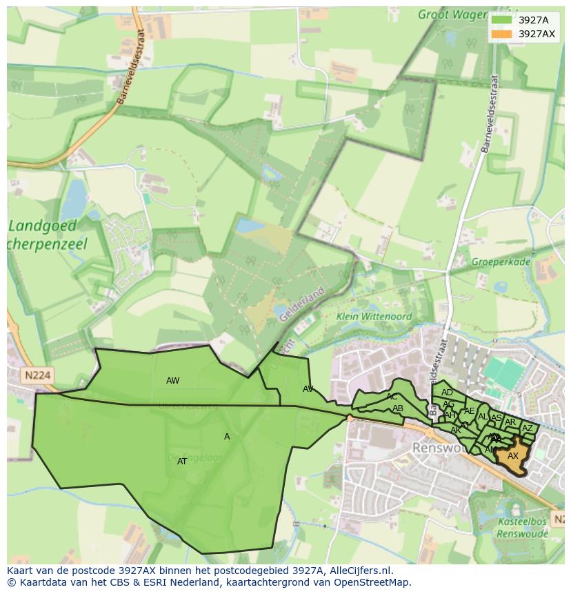 Afbeelding van het postcodegebied 3927 AX op de kaart.