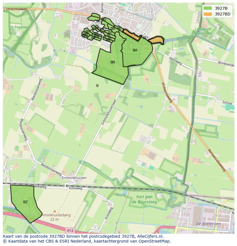 Afbeelding van het postcodegebied 3927 BD op de kaart.