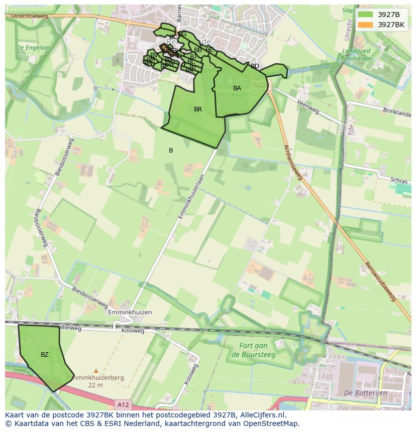 Afbeelding van het postcodegebied 3927 BK op de kaart.