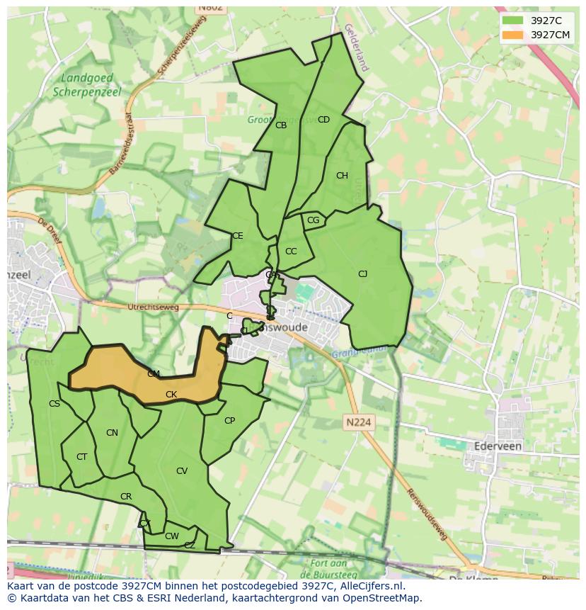 Afbeelding van het postcodegebied 3927 CM op de kaart.