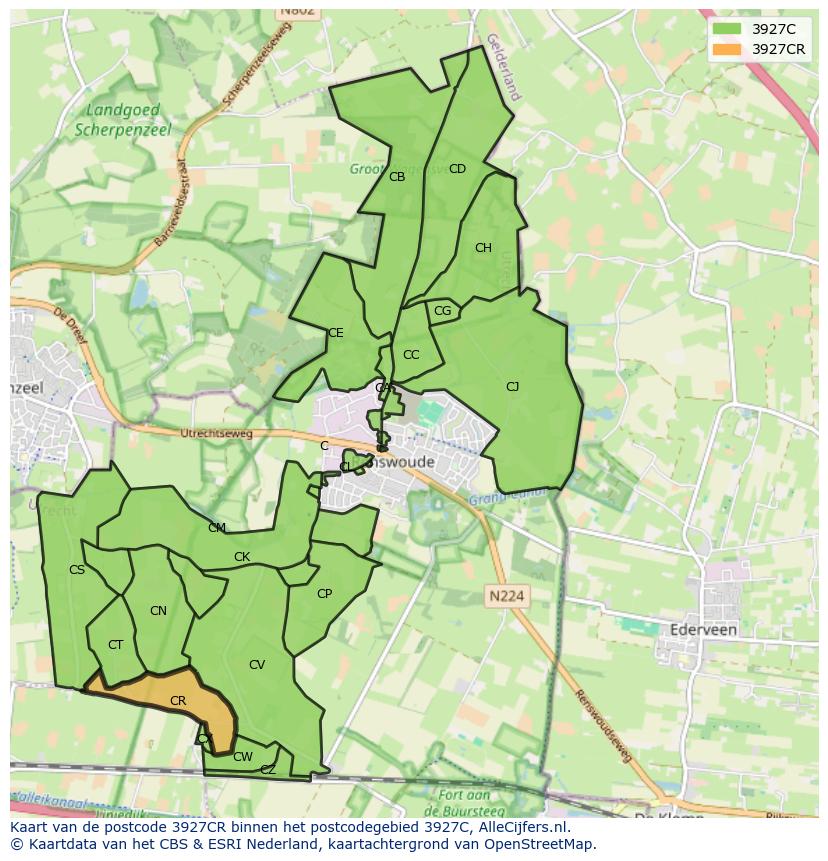 Afbeelding van het postcodegebied 3927 CR op de kaart.