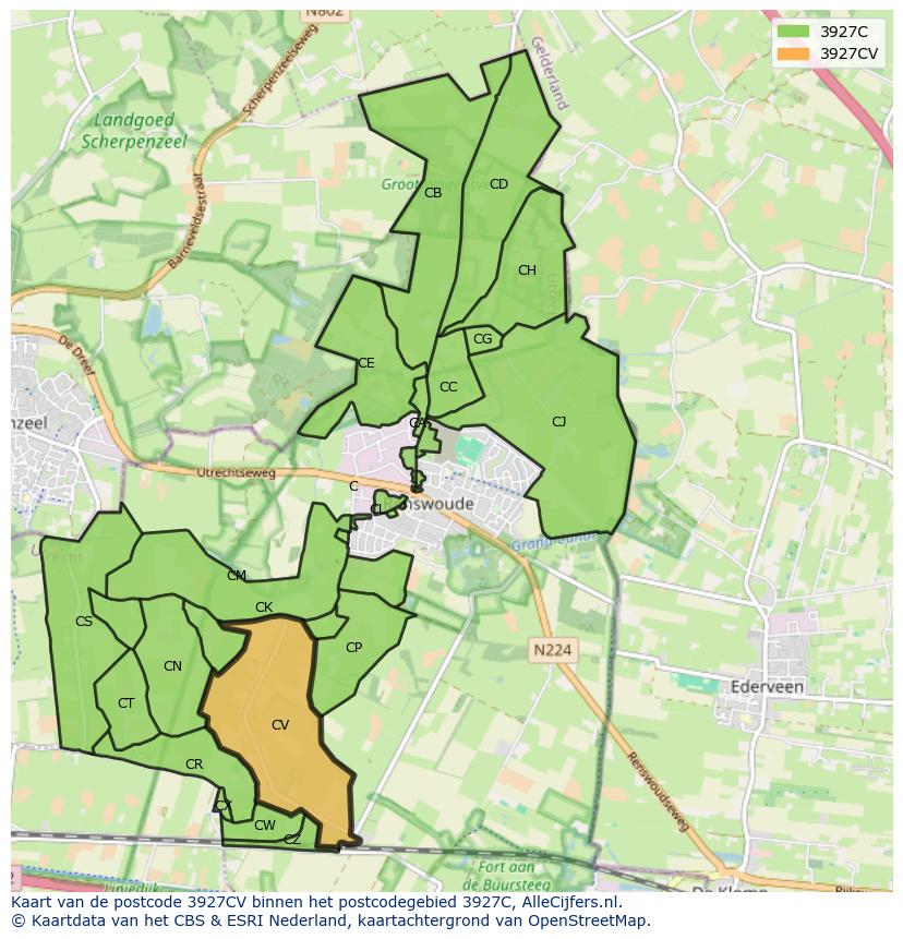 Afbeelding van het postcodegebied 3927 CV op de kaart.