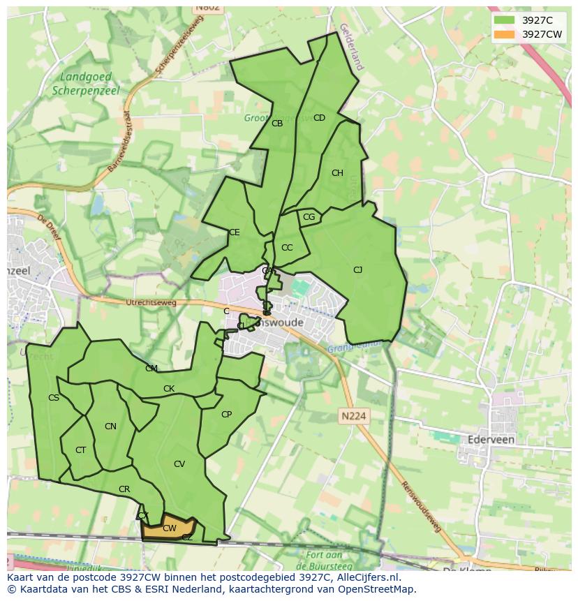 Afbeelding van het postcodegebied 3927 CW op de kaart.